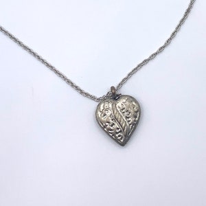 Embossed Heart Pendant Silver Tone Talisman Necklace on 18 inch Chain Vintage 90s