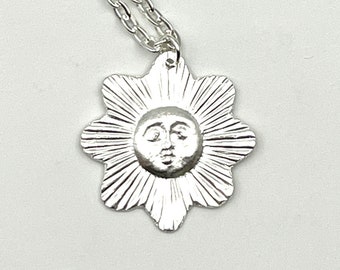 Radiant Sun Pendant on Chain  Talsiman Necklace Vintage 80s Sculpted Silver Tone Pendant