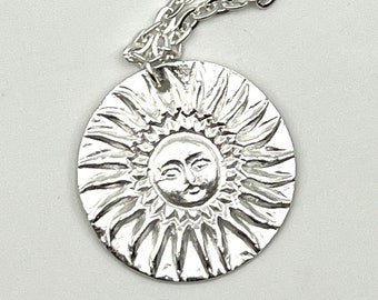 Sun Pendant on Chain  Talisman Necklace Vintage 80s Sculpted Silver Tone Round Pendant