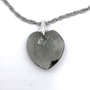 Heart Pendant Necklace Smoke Grey Faceted Glass on Silver Tone Chain