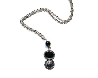 Petit Pendant on Chain Antique Silver Tone Pendant set with Black Glass 30s Collection