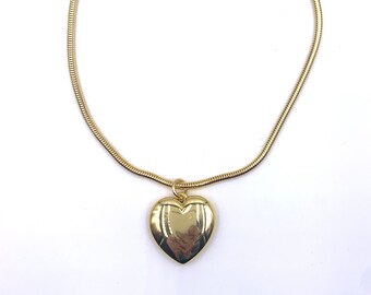 Puffy Heart Vintage Medium Shiny Pendant on a New Old Stock 15 Inch Snake Chain Gold Tone Necklace