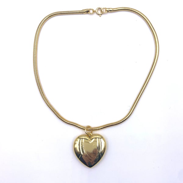 Puffy Heart Vintage Medium Shiny Pendant on a New Old Stock 15 Inch Snake Chain Gold Tone Necklace