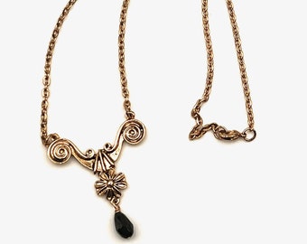 Small Pendant on Chain Antique Gold Tone Pendant set with Black Glass 30s Collection