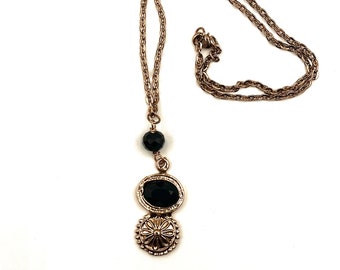 Petite Pendant on Chain Antique Gold Tone Pendant set with Black Glass 30s Collection