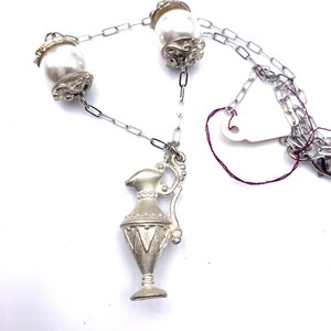 Vase Pendant on Chain with Large Faux Pearls  Silver Tone Vintage 90s style number 1059