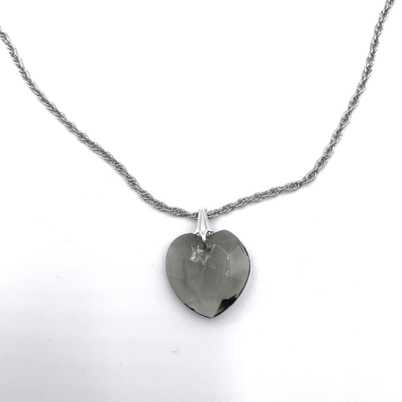 Heart Pendant Necklace Smoke Grey Faceted Glass on Silver Tone Chain