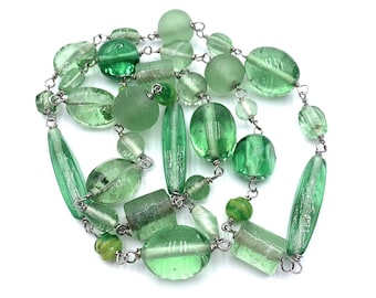 Green Glass Bead Necklace 34 Inch Vintage Czech Spring Green  Linked Beads  Love Collection