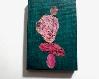 Tiny Art 2x3 Inch Collage of Pink Alchemical Prints on Painted Stretched Canvas Deep Green   MC13 Original Art