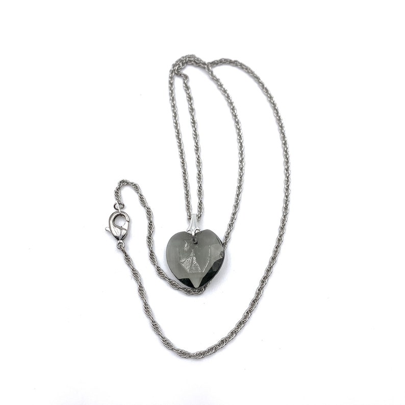 Heart Pendant Necklace Smoke Grey Faceted Glass on Silver Tone Chain