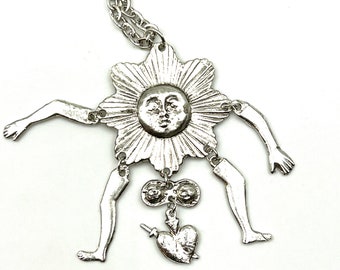 Sun Woman Pendant Talisman Necklace Antique Silver Tone Articulated 7 Piece Vintage 80s Pendant on a new 18 Inch Chain