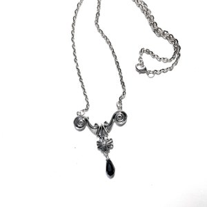Small  Baroque Pendant on Chain Antique Silver Tone Pendant set with Black Glass 30s Collection