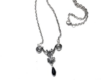 Small Pendant on Chain Antique Silver Tone Pendant set with Black Glass 30s Collection