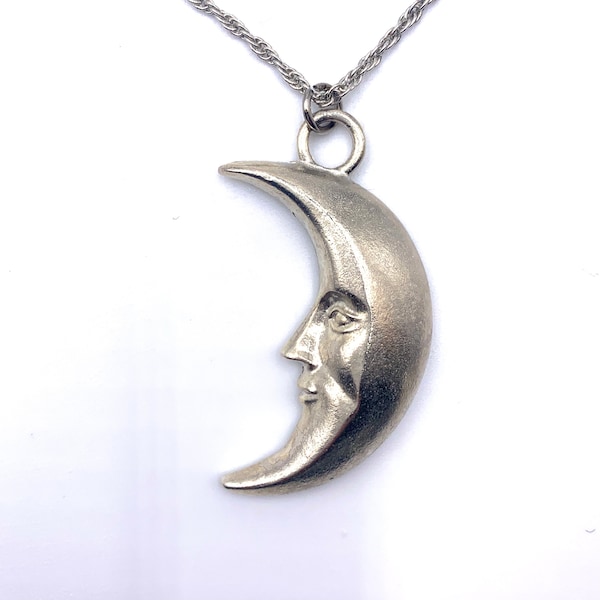 Man in the Moon Pendant Talisman Necklace Silver Tone VIntage 80s Pendant on a New 18 Inch Chain.