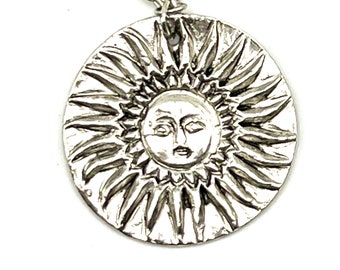 Sun Pendant on Chain Talisman Necklace Vintage 80s Sculpted Antiqued Silver Round Pendant