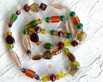 Beaded Love Necklace Vintage Art Glass Beads Multicolor Linked 34 Inch