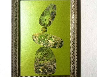 Original Art Collage of Handmade Fine Art Prints on Paper in a Vintage Frame Tiny Cairn 6