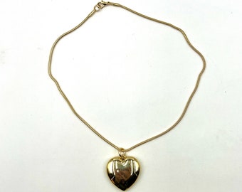 Puffy Heart Vintage Medium Shiny Pendant on a New Old Stock 16 Inch Snake Chain Gold Tone Layering Necklace