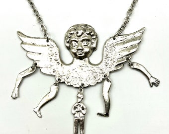 Angel Man Bib Talisman Necklace Antique Silver Tone Articulated 6 Piece Vintage 80s Pendant on a New 18 Inch Chain One of a Kind