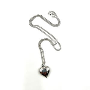 Puffy Heart Vintage Tiny Shiny Pendant on a Delicate Old Stock 16 Inch  Chain Silver Tone Necklace