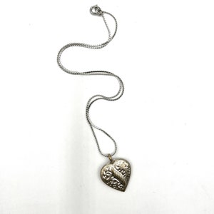 Embossed Puffy Heart Pendant Vintage 90s on a 16 Inch Delicate Flat Snake Inch Chain Antiqued Silver Finish Talisman Necklace