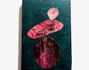 Tiny Art 2x3 Inch Collage of Pink Alchemical Prints on Deep Green Painted Stretched Canvas Purple  MC12 Original Art