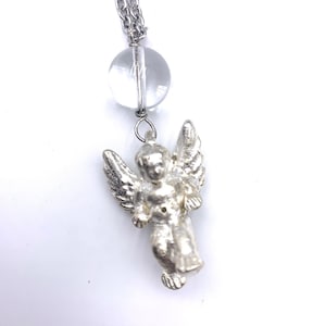 Winged Baby Angel Pendant on Chain Vintage 1980s Silver Tone Vintage Czech Glass Bead 24 Inch Chain Talisman Necklace  Lobster Claw Clasp