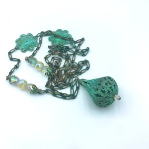 Filigree Pendant and Disks Necklace Verdigris Brass Arabesque #3 Handmade with Vintage Pendant