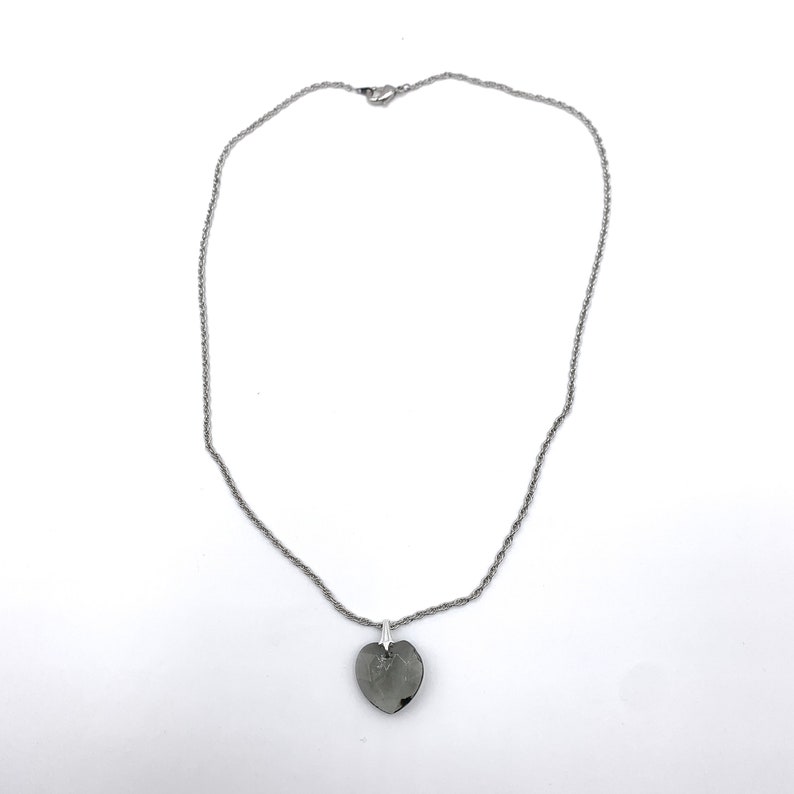 Heart Pendant Necklace Smoke Grey Faceted Glass on Silver Tone Chain