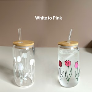 Color Changing Glass| Personalized Glass Tumbler| Pink Tulip| Iced Coffee Soda Beer 16oz Glass Can | Bridesmaid Proposal| Mothers Day Gift