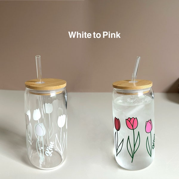 Color Changing Glass| Personalized Glass Tumbler| Pink Tulip| Iced Coffee Soda Beer 16oz Glass Can | Bridesmaid Proposal| Mothers Day Gift