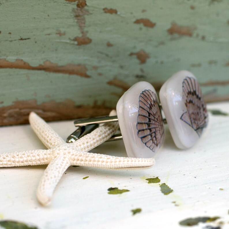 Ready To Ship SCALLOP SHELLS Fused Glass Cufflinks in BROWN