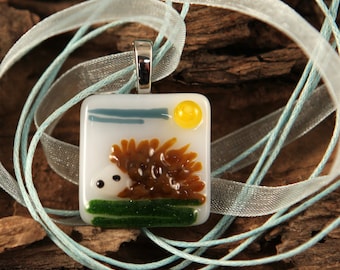 Brown Hedgehog Fused Glass Necklace (Ready To Ship)
