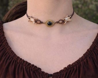 Real Bone Necklace with Marten Vertebrae and Onyx Brass Pendant, Macrame Choker with Genuine Animal Bone and Gemstones