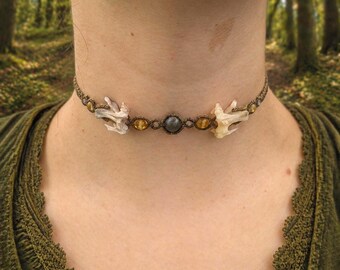 Bone Necklace, Macrame Choker with Amber, Shaman Jewelry, Pagan Necklace Handmade