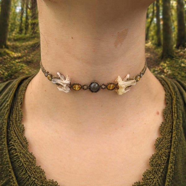 Bone Necklace, Macrame Choker with Amber, Shaman Jewelry, Pagan Necklace Handmade
