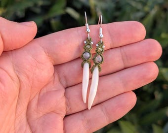 Macrame Fox Tooth Earrings with Peridot and Labradorite, Real Bone Gemstone Earrings