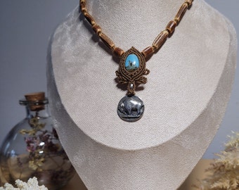 Turkoois sieraden, macrame ketting, munt hanger Amerikaanse vijf cent bizon, houten kralen ketting, cadeau voor haar, alternatieve sieraden