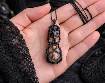 Gothic Witch Necklace with Sapphire Crystal glass vial, Skull Pendant, Macrame Jewelry, Dark Aesthetic