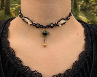 Bone Choker with Rhodochrosite and Garnet, Real Bone Macrame Necklace, Medieval Jewelry Handmade