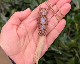 Macrame Antler Tip Necklace with White Labradorite, Roe Deer Antler Bone Necklace with Gemstones