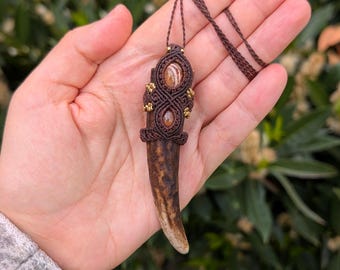 Deer Antler Necklace with Fire Opal and Mexican Opal, Antler Tip Necklace, Handmade Tribal Jewelry
