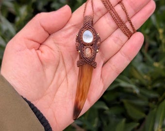 Macrame Necklace Cow Horn with Sunstone and Mother of Pearl, Bone Necklace Made from Genuine Animal Horn and Gemstones
