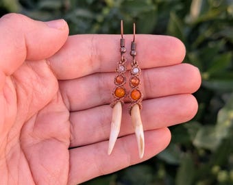 Fox Tooth Earrings with Carnelian and Labradorite, Bone Earrings with Fire Agate, Macramé Bone Gemstone Earrings