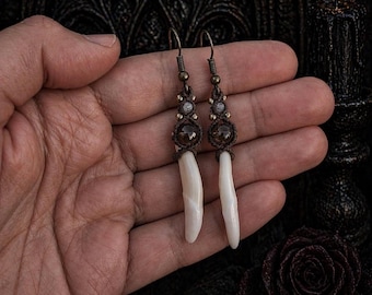 Witchy Bone Earrings with Coyote Teeth, Wolf Tooth Earrings, Handmade Dark Aesthetic Jewelry