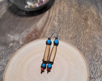 Turquoise macrame earrings|Bone bead macrame earrings hanging|Red coral earrings|Boho jewelry|Western|Navajo jewelry style