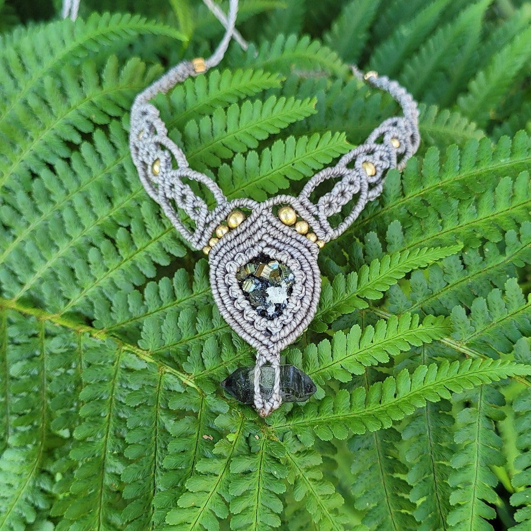 Macrame Rocks Macrame Necklace With Pyrite and Rock Crystal Double-terminated ...