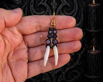 Pendientes de dientes con labradorita y lepidolita, pendientes góticos de piedras preciosas, joyería de bruja