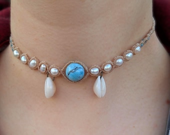 Macrame Choker Cowrie Shell with Turquoise and Freshwater Pearls, Macrame Shell Necklace with Gemstones and Pearls