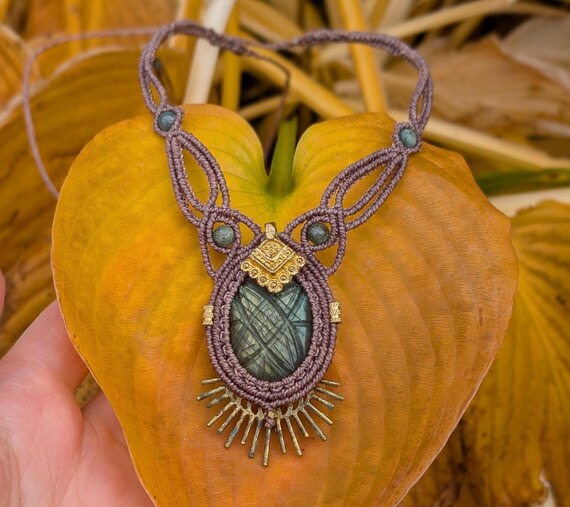 Macrame Necklace Engraved Labradorite and Moss Agate Beads, Hand
